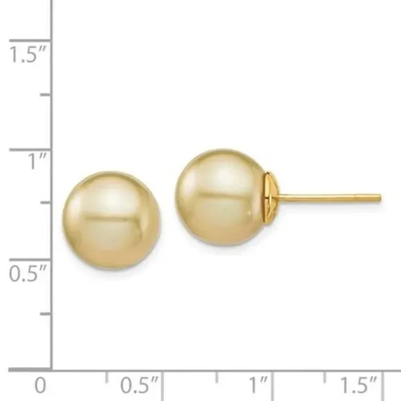 14K 10-11mm Golden Round Saltwater Cultured South Sea Pearl Post Earrings